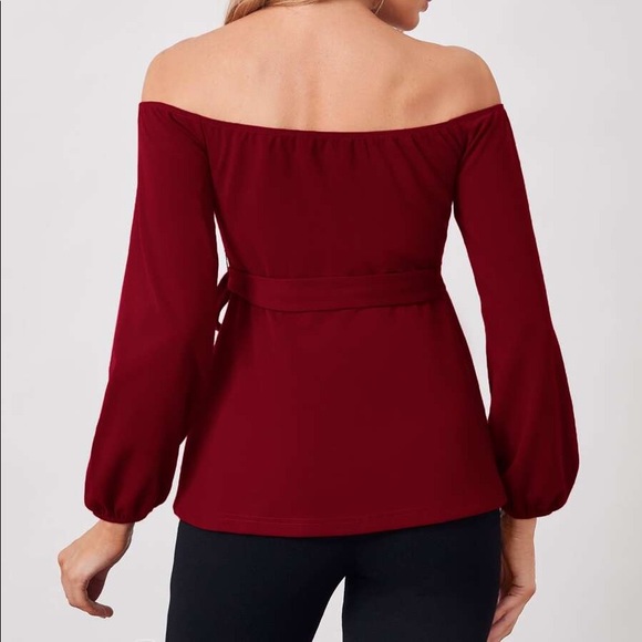 MATERNITY Red Burgundy off shoulder belted blouse - Picture 8 of 10